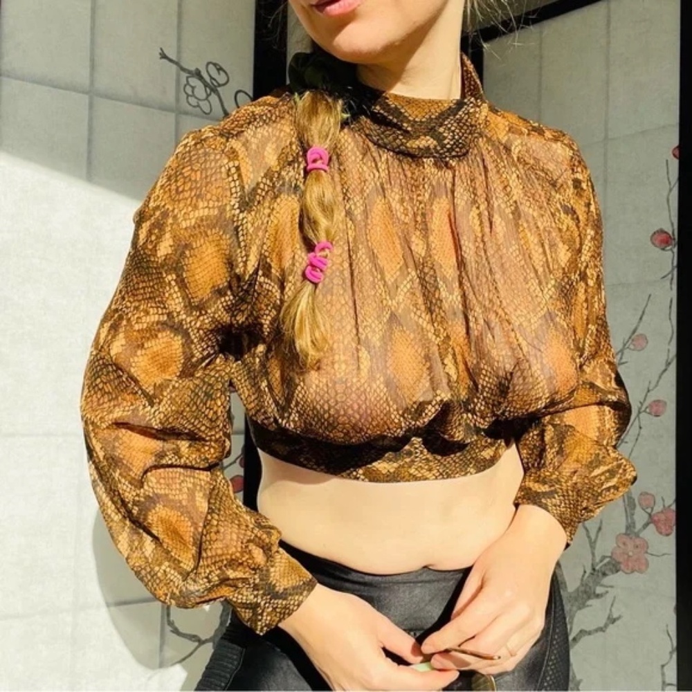 Zara Snake Gold Dramatic Balloon Sleeves Sheer Crop Top